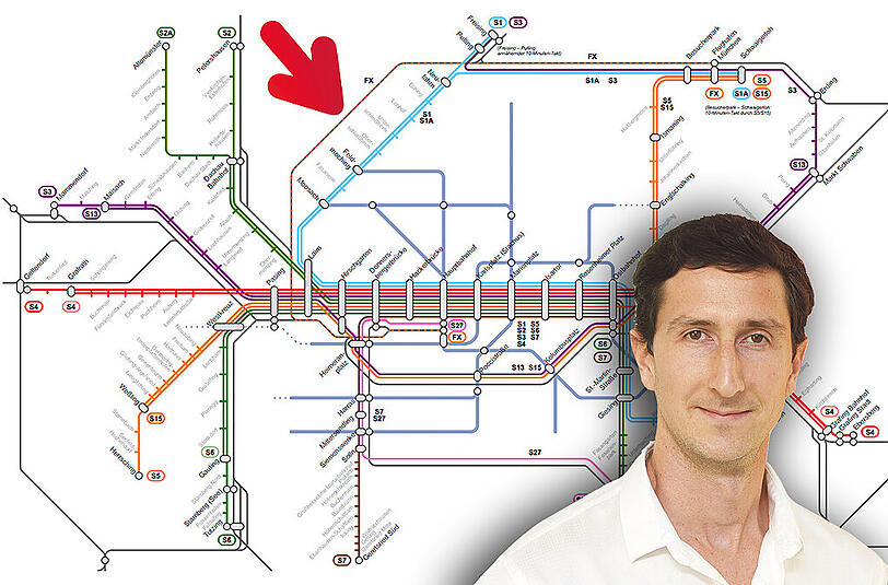 Der rote Pfeil zeigt den Wunsch der Grünen: Die neue Express-Linie zum Münchner Flughafen.