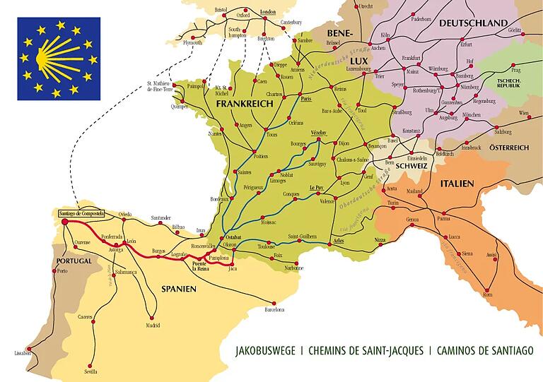 Ganz Europa ist durchzogen von einem Netz verschiedener Jakobswege. Ziel aller Wege ist Santiago de Compostela im Nordwesten Spaniens.