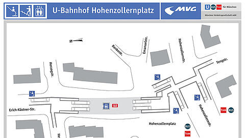 Die Lage der einzelnen Rolltreppen im U-Bahnhof Hohenzollernplatz.