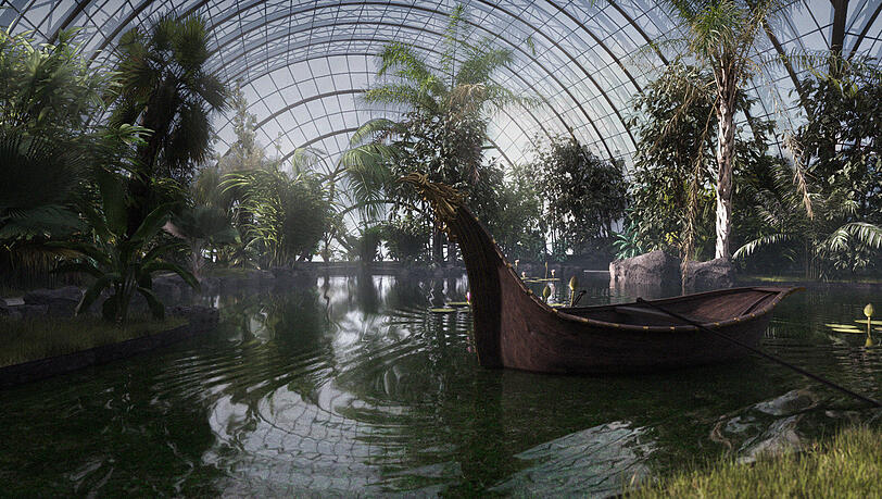 Der Wintergarten: 70 Meter lang und überwölbt von einer Tonnenkonstruktion aus Eisen und Glas. Der Wintergarten: 70 Meter lang und überwölbt von einer Tonnenkonstruktion aus Eisen und Glas.