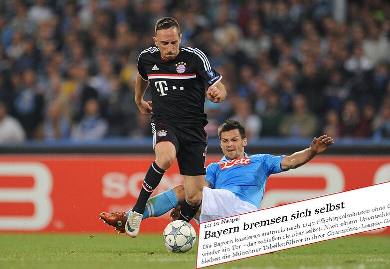 FAZ.net schreibt heute zum Neapel-Spiel: "Bayern bremsen sich selbst. Die Bayern kassieren erstmals nach 1147 Pflichtspielminuten ohne Gegentreffer wieder ein Tor - das schießen sie aber selbst."