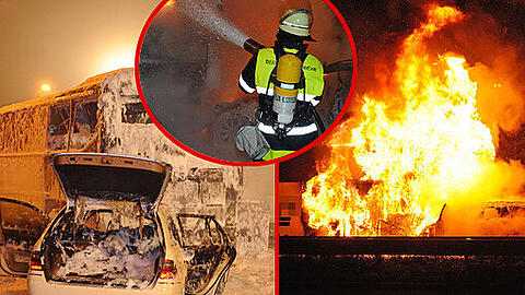 An einer Kreuzung prallte das Taxi in einen liegen gebliebenen Reisebus und fing Feuer.