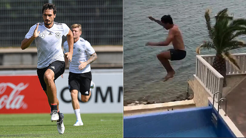 Mats Hummels beim Training mit der Nationalelf - und beim Sprung vom Balkon in den Pool.