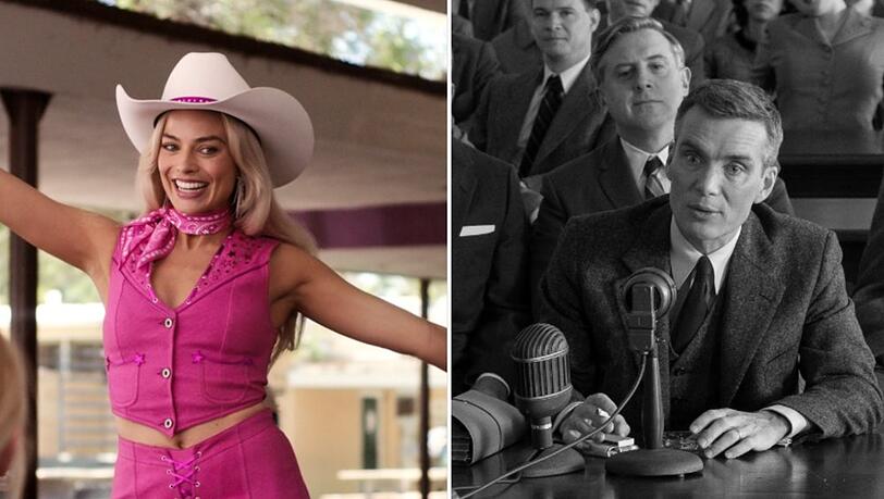 Farbenfroh bis düster: Margot Robbie in "Barbie" und Cillian Murphy als J. Robert Oppenheimer. Farbenfroh bis düster: Margot Robbie in "Barbie" und Cillian Murphy als J. Robert Oppenheimer.
