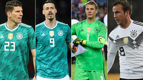 Die vier Härtefälle für Joachim Löw: Mario Gomez (li.), Sandro Wagner, Manuel Neuer, Mario Götze.