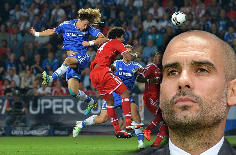 Mit Wucht und Wuschelhaaren: Chelsea-Verteidiger David Luiz überspringt im Finale um den europäischen Supercup von Prag Bayerns Dante.