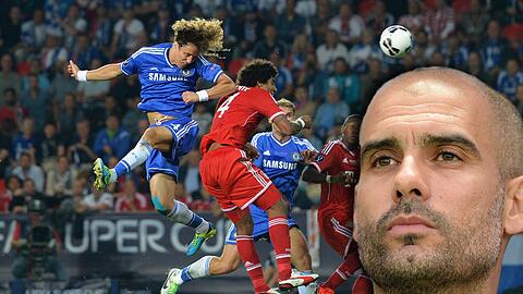 Mit Wucht und Wuschelhaaren: Chelsea-Verteidiger David Luiz überspringt im Finale um den europäischen Supercup von Prag Bayerns Dante.