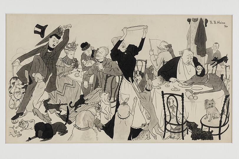Thomas Theodor Heine: Hundeinvasion im Café Luitpold, München, 1894