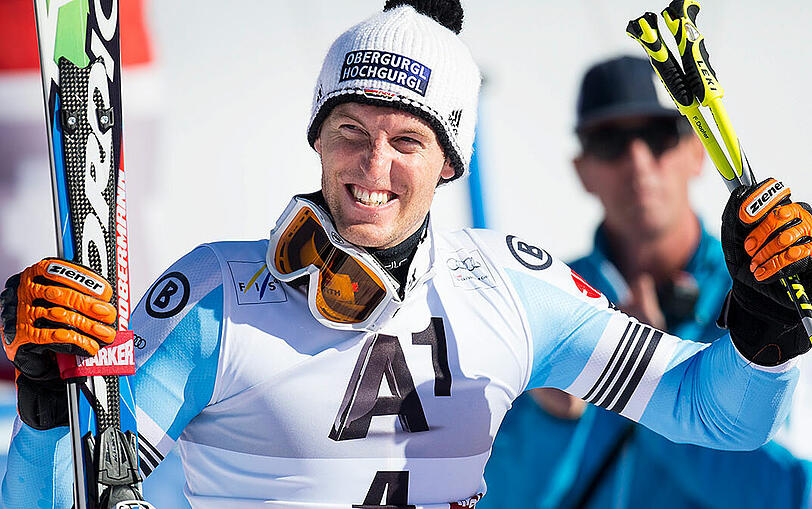 Fritz Dopfer jubelt über seinen zweiten Platz beim Riesenslalom von Sölden.
