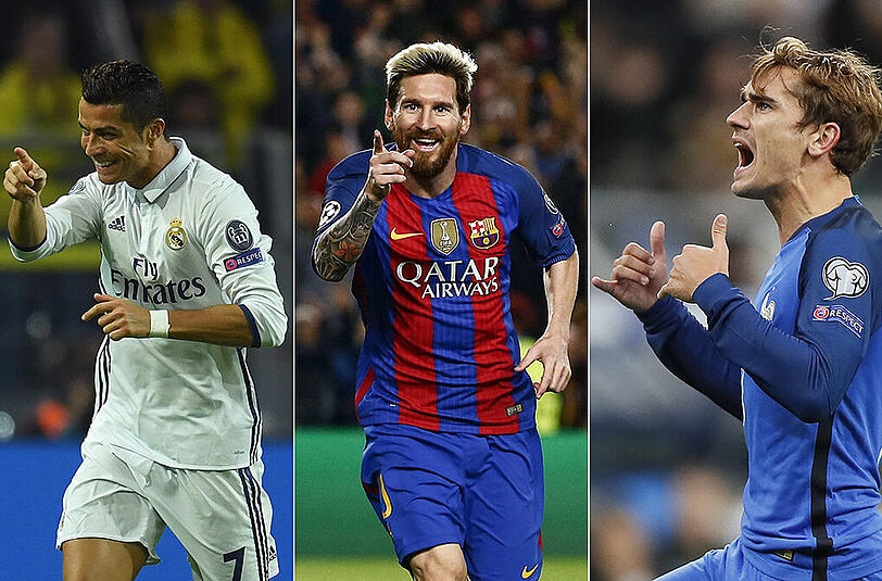 Cristiano Ronaldo, Lionel Messi und Antoine Griezmann (von links).