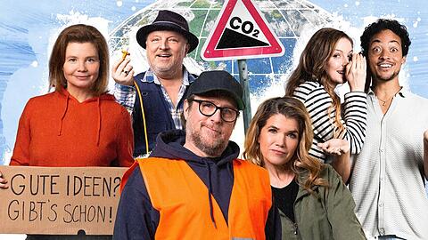 "Wir können auch anders": Die Schauspielerinnen und Schauspieler (v.l.) Annette Frier, Axel Prahl, Bjarne Mädel, Anke Engelke, Pheline Roggan und Aurel Mertz zeigen gute Ideen und Lösungen für altbekannte Probleme aus den Bereichen Verkehr, Wohnen und Ernährung.