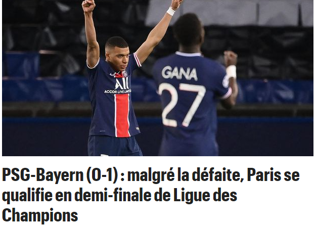 Auch "Le Parisien" betrachtet den Pariser Halbfinal-Einzug sachlich: "Trotz Niederlage steht Paris im Halbfinale der Champions League."