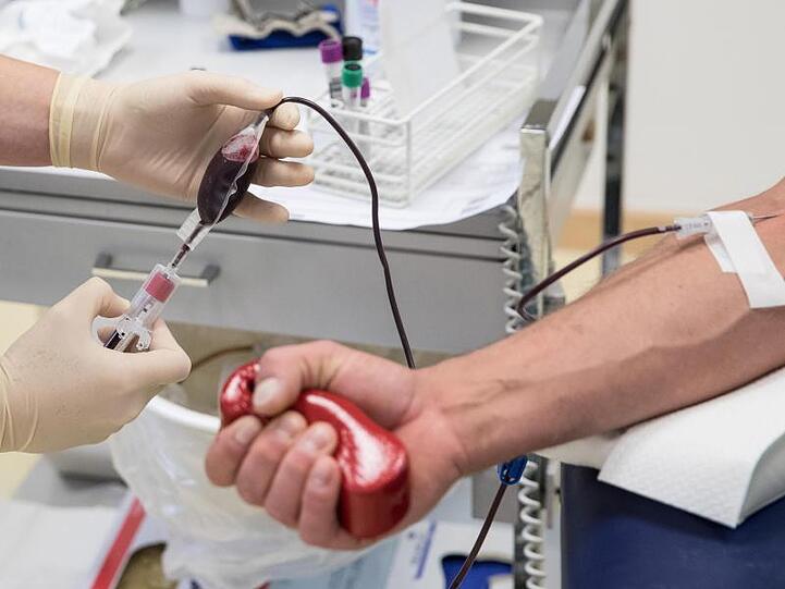 Eine Mitarbeiterin des Deutschen Roten Kreuzes einem Blutspender Blut. Foto: Christian Charisius/dpa/Symbolbild