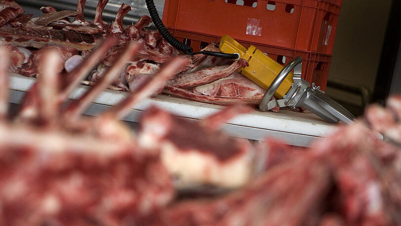 In einem Schlachthof in Berlin liegt ein Trennwerkzeug auf zerteiltem Fleisch