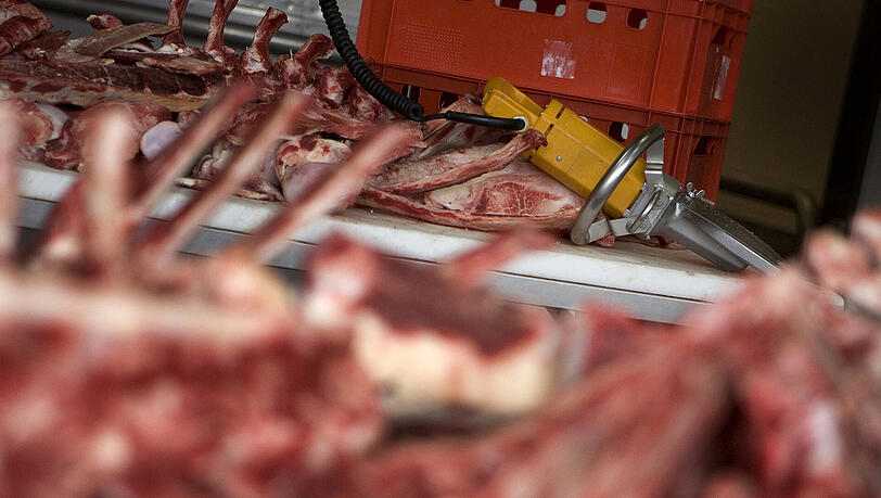 In einem Schlachthof in Berlin liegt ein Trennwerkzeug auf zerteiltem Fleisch In einem Schlachthof in Berlin liegt ein Trennwerkzeug auf zerteiltem Fleisch