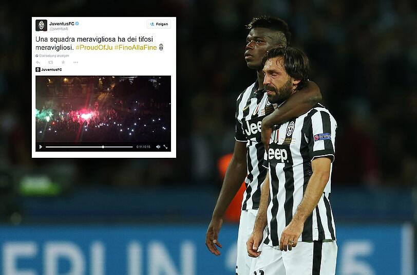 Die Fans von Juve begrüßen ihre enttäuschten Spieler Paul Pogba und Andrea Pirlo am Flughafen von Turin mit Sprechchören und Jubel-Gesängen.