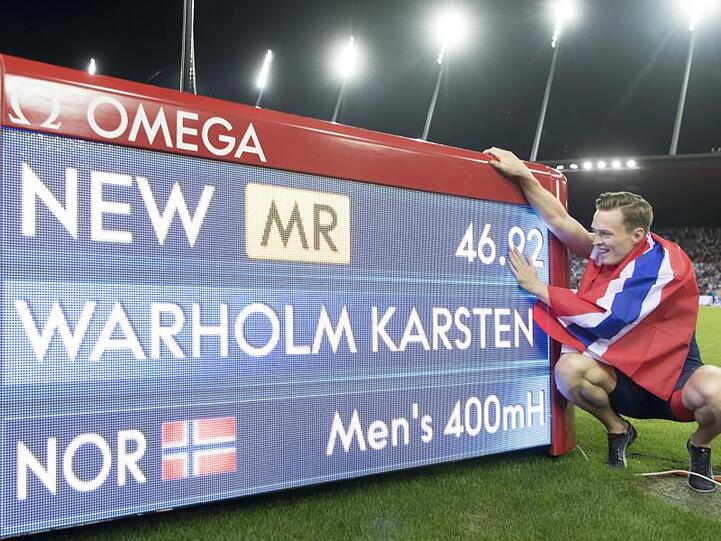 Hürdenläufer Karsten Warholm aus Norwegen jubelt über den Europarekord.