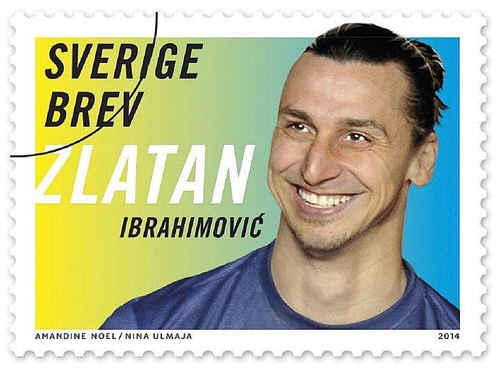 Zlatan Ibrahimovic grinst ab März von 2014 von schwedischen Briefmarken