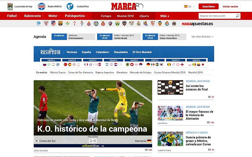 Die spanische "Marca" : "Historischer K.o. des Weltmeisters. Katastrophales Deutschland, historischer K.o. des Weltmeisters. Das Wunder von Kroos gegen Schweden hatte keinen Bestand, weil episch nicht immer funktioniert. Es ist eine der größten Überraschungen in der WM-Geschichte."
