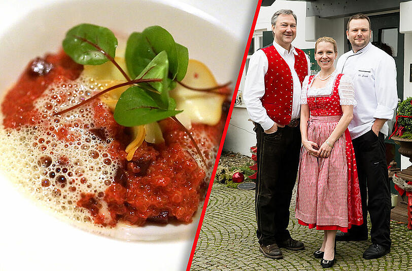 Köstlicher Farbtupfer: Quinoa-Risotto mit Roter Bete, Scamorza und Blutampfer.(linkes Bild) - Das &bdquo;Insel Mühle&ldquo;-Team Eric Pölzl, Susanne Mittermeier, Christoph Lüdicke (v.l.).