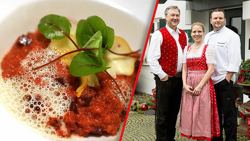 Köstlicher Farbtupfer: Quinoa-Risotto mit Roter Bete, Scamorza und Blutampfer.(linkes Bild) - Das „Insel Mühle“-Team Eric Pölzl, Susanne Mittermeier, Christoph Lüdicke (v.l.). Köstlicher Farbtupfer: Quinoa-Risotto mit Roter Bete, Scamorza und Blutampfer.(linkes Bild) - Das „Insel Mühle“-Team Eric Pölzl, Susanne Mittermeier, Christoph Lüdicke (v.l.).