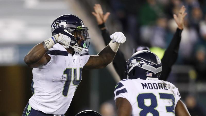 D.K. Metcalf (l) und David Moore von den Seattle Seahawks bejubeln einen Touchdown. D.K. Metcalf (l) und David Moore von den Seattle Seahawks bejubeln einen Touchdown.
