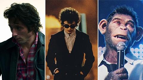 Szenenbilder aus drei kommenden Biopics über Musiker: "Deliver Me From Nowhere", "Like A Complete Unknown" und "Better Man".