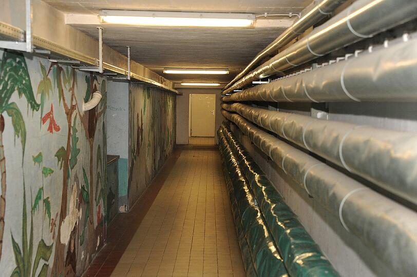 VORHER: Frei liegende Kabel und bröckelnder Putz im Kellerflur.