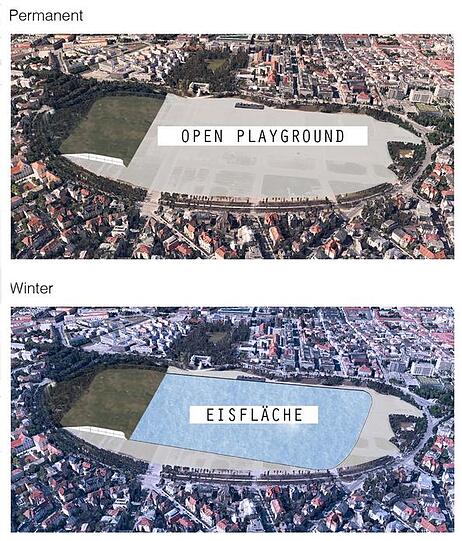 In diesem Entwurf gibt es einen "Open Playground" und eine Eisfläche im Winter. "Der Südteil der Theresienwiese wird wie ein Teppich angehoben. Darunter: eine große Parkgarage mit 7000 Stellplätzen. "Die neue Ebene eröffnet ganz neue Möglichkeiten und Ausblicke für Skateboarder, BMX-Fahrer, Spaziergänger und Brotzeitmacher."