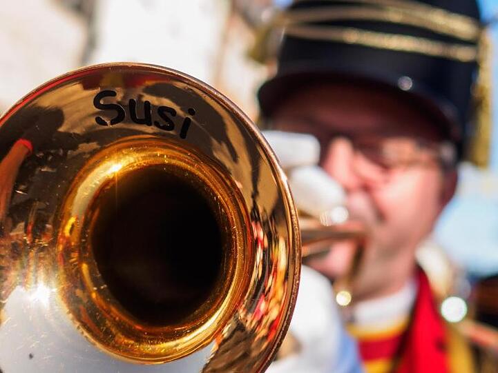 Mann mit Blasinstrument bei Faschingsumzug. Foto: Nicolas Armer/dpa/Archivbild