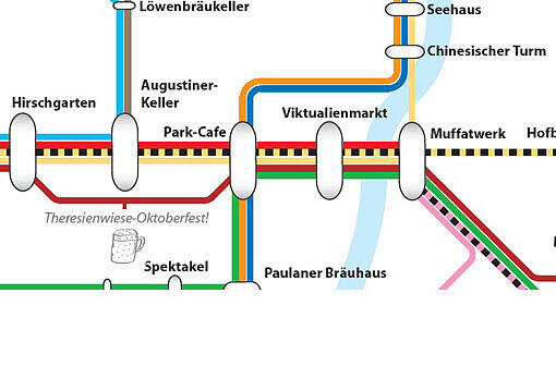 Übersichtlicher als der echte MVV-Plan &ndash; und für Biergartenfreunde sehr, sehr hilfreich: Der Biergarten-MVV-Plan des Briten John Coats.