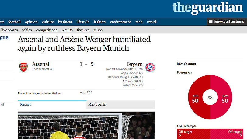 Der Guardian schreibt: "Arsenal und Arsene Wenger wurden wieder von rücksichtslosen Bayern gedemütigt"