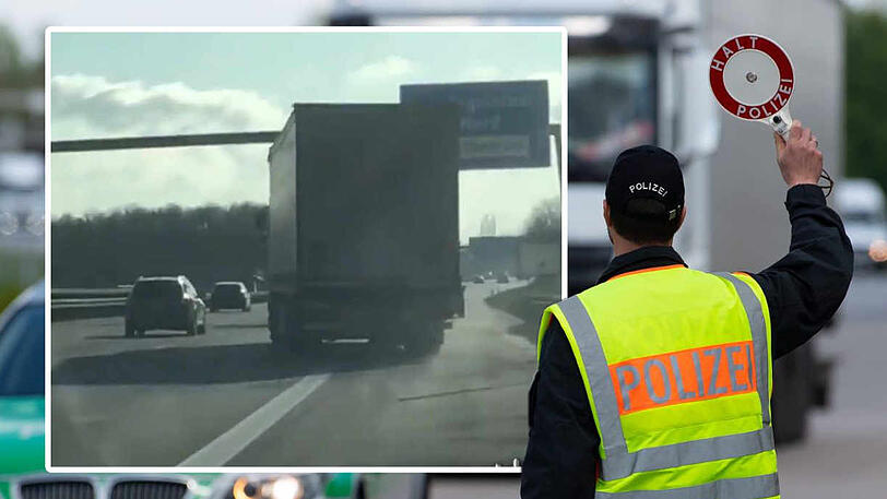 Links ein Screenshot aus dem Polizeivideo. Der Lkw schlingert über die A9 bei Ingolstadt.