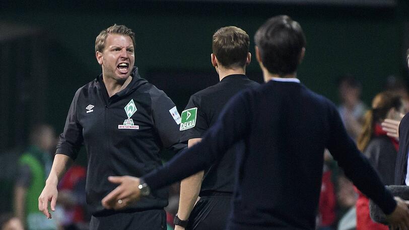 Schon während des Halbfinals im DFB Pokal gerieten Florian Kohfeldt (l.) und Niko Kovac mehrmals in Diskussionen - auf der Pressekonferenz nach der Partie ging es dann weiter.