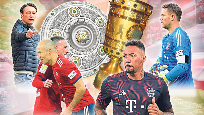 Bayerns Protagonisten im Mai (v.l.): Trainer Kovac, das Oldie-Duo Ribéry und Robben, der abwanderungswillige Boateng und der verletzte Torhüter Neuer.