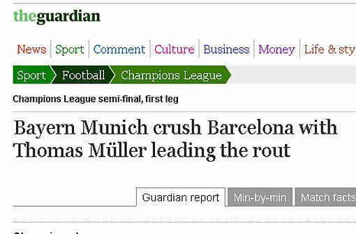 "Bayern zermalmt Barcelona und Thomas Müller führt die Bande an", schreibt der Guardian