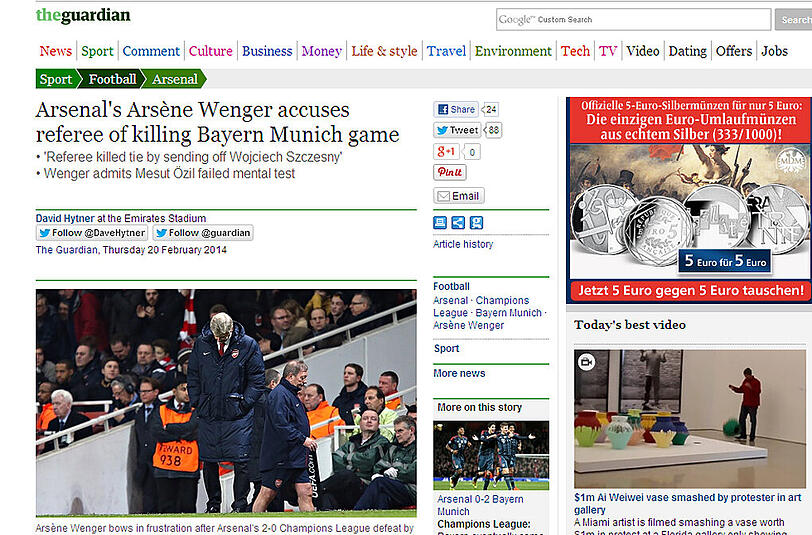 Der Guardian macht den Arsenal-Coach zum Thema, der den Schiedsrichter angreift.
