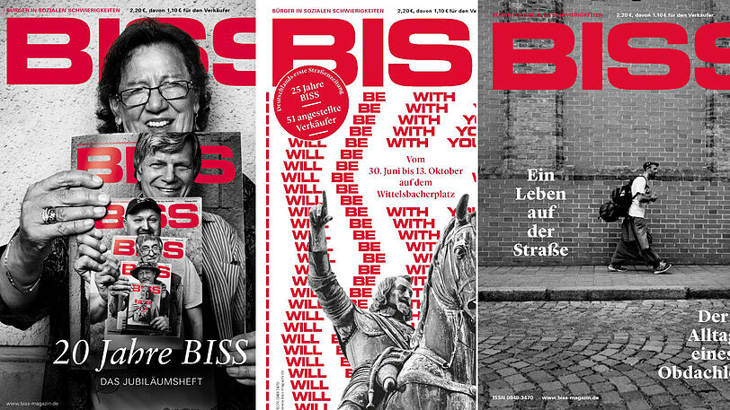 Der Weg der Wegbegleiter: Das Magazin &bdquo;Biss&ldquo; ist in den vergangenen 25 Jahren jeden Monat erschienen, unter anderem mit Titelthemen wie &bdquo;Alltag eines Obdachlosen&ldquo;, &bdquo;Wege aus der Sucht&ldquo; oder &bdquo;Angst&ldquo;.
