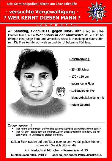 Im November 2011 drang ein unbekannter Mann in ein Wohnhaus in der Manzostraße ein und versuchte, ein Frau zu vergewaltigen. Er ist noch immer auf der Flucht. Die Münchner Polizei fahndet weiter mit Hochdruck nach dem unbekannten Sex-Täter und bittet die Bevölkerung um Mithilfe.