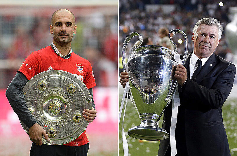 23. Mai 2015: Bayern-Trainer Pep Guardiola und die Meisterschale. 25. Mai 2014: Real-Trainer Carlo Ancelotti und der Champions-League-Pokal. Was reißt der Italiener mit den Münchnern in der Königsklasse?