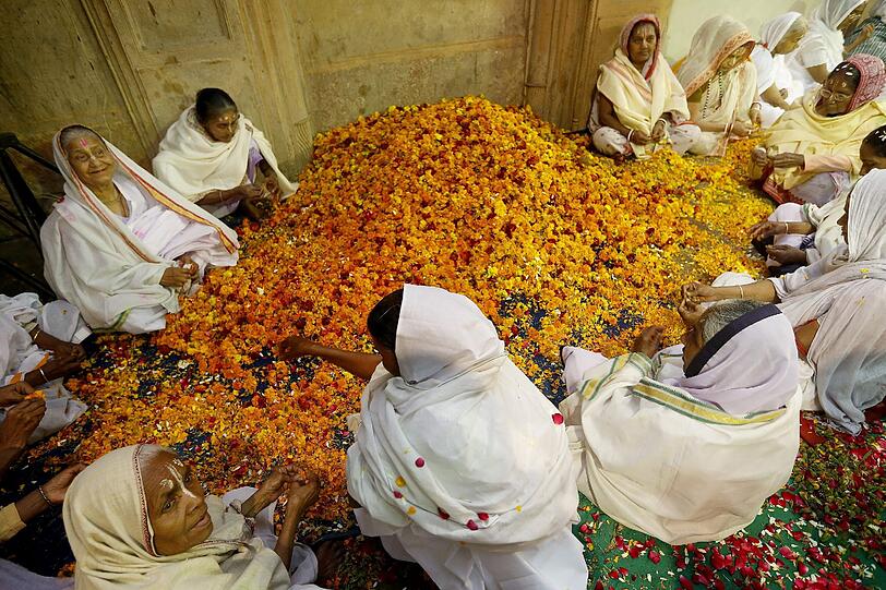 Indische Witwen bereiten in Vridavan Blüten und Farben vor.