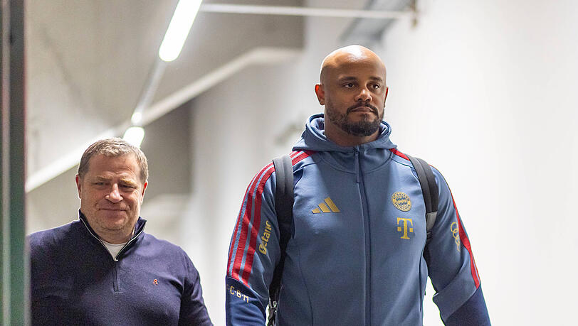 Bayern-Sportvorstand Max Eberl (l.) mit Cheftrainer Vincent Kompany beim Budnesliga-Spiel in Augsburg. Bayern-Sportvorstand Max Eberl (l.) mit Cheftrainer Vincent Kompany beim Budnesliga-Spiel in Augsburg.