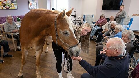 Der Besuch der Stute ist für die alten Menschen eine willkommene Abwechslung zum Alltag im Altersheim.