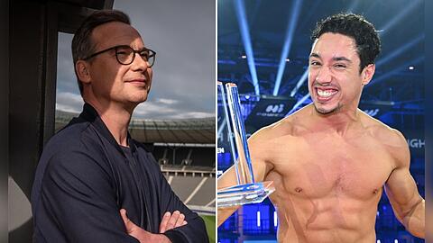 Matthias Opdenhövel (l.) moderierte das Bundesliga-Match in Sat.1, René Casselly holte den 1. Platz beim RTL-"Turmspringen". Welche Sendung schnitt bei den Quote besser ab?