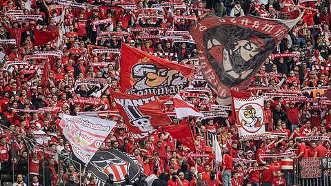 Fans von VfB Stuttgart feuern ihr Team aus dem Gästeblock des Olympiastadions an.
