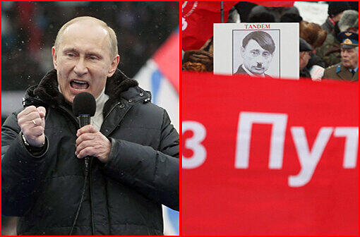 Während am Donnerstag zehntausende Putin-Sympathisanten ihren Kremlkandidat bei einer Demo unterstützen, geht der Protest gegen Putin weiter: Anhänger der "Kommunistische Partei der Russischen Föderation" (KPRF) kamen mit Anti-Putin-Bannern und stellten den Ex-Regierungschef als Hitler-Verschnitt dar.
