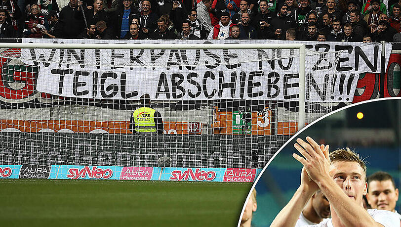 Das fiese Plakat und die auslösende Geste: Teigl bedankt sich bei den Leipziger Fans. Das fiese Plakat und die auslösende Geste: Teigl bedankt sich bei den Leipziger Fans.