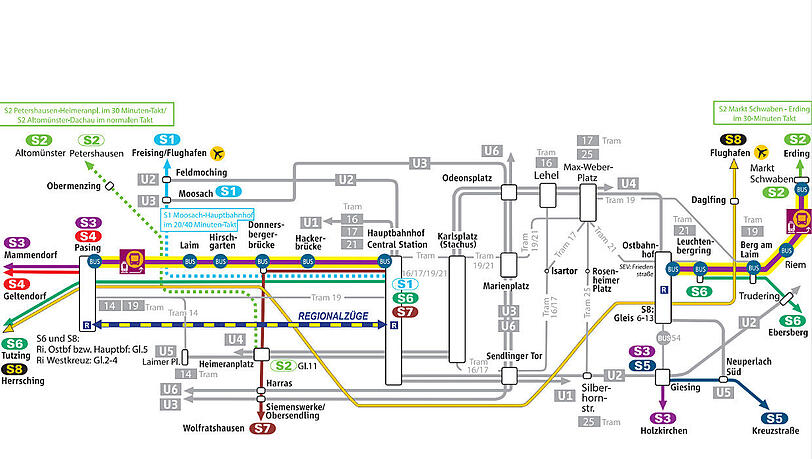 Der Verlauf der S-Bahn-Linien am Instandhaltungswochenende vom 8. bis 11. Mai.