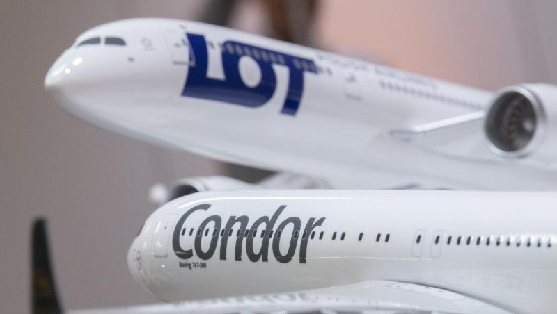 Modellflugzeuge von LOT und Condor stehen während einer Pressekonferenz zum geplanten Verkauf auf einem Tisch. Modellflugzeuge von LOT und Condor stehen während einer Pressekonferenz zum geplanten Verkauf auf einem Tisch.