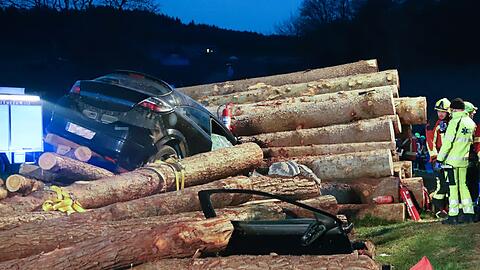 Der Pkw fuhr am Freitagabend in einen Holzstapel.